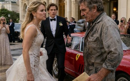 She threw red wine in a mechanic’s face at her luxury wedding and screamed he scratched her $10M Ferrari — then the old man placed a sealed envelope on the hood and asked a question no one expected.