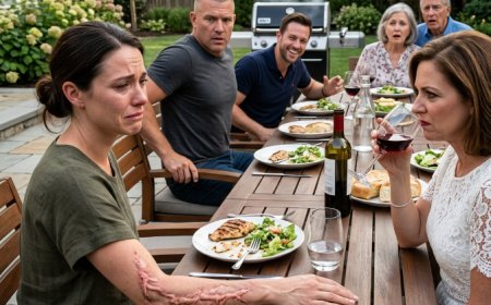 My sister told me to cover my scar so her guests could eat without feeling sick. Her husband stood up, said two words, and the wine glass shattered in her hand.